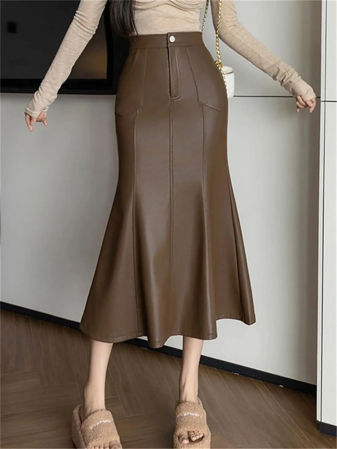 Women Autumn Winter Vintage High Waist PU Leather Skirts Fishtail Wrapped Pencil Skirts