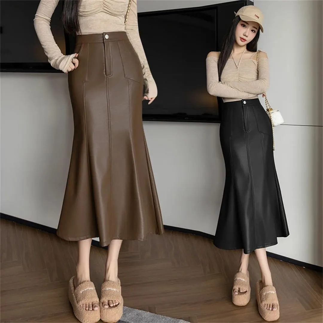 Women Autumn Winter Vintage High Waist PU Leather Skirts Fishtail Wrapped Pencil Skirts
