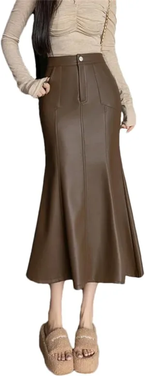 Women Autumn Winter Vintage High Waist PU Leather Skirts Fishtail Wrapped Pencil Skirts