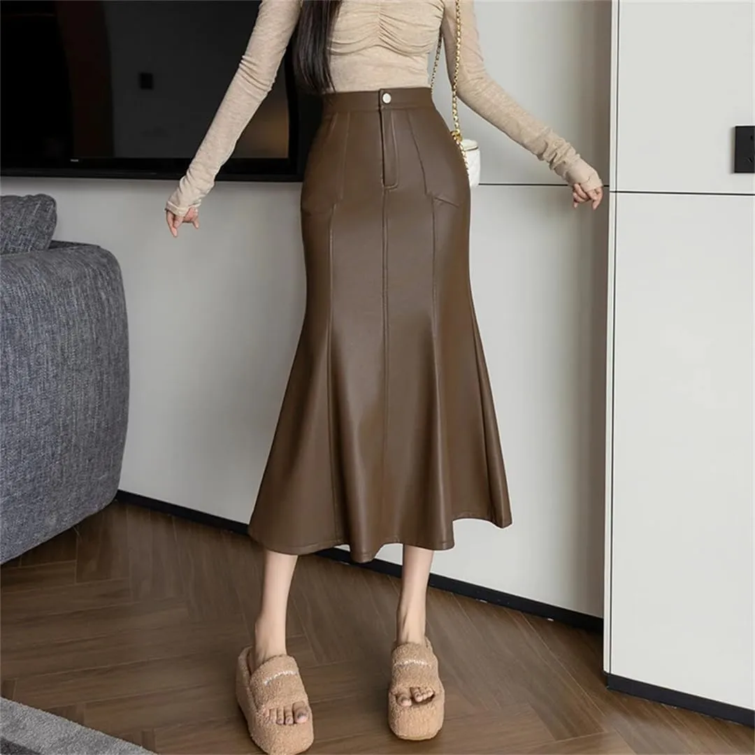Women Autumn Winter Vintage High Waist PU Leather Skirts Fishtail Wrapped Pencil Skirts
