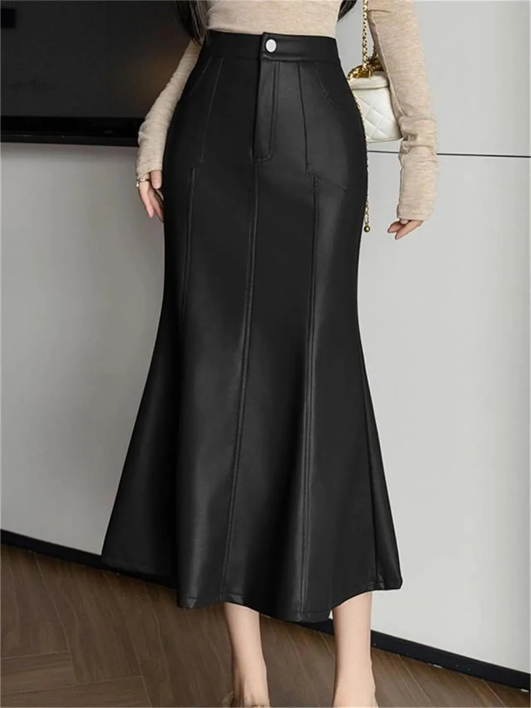 Women Autumn Winter Vintage High Waist PU Leather Skirts Fishtail Wrapped Pencil Skirts
