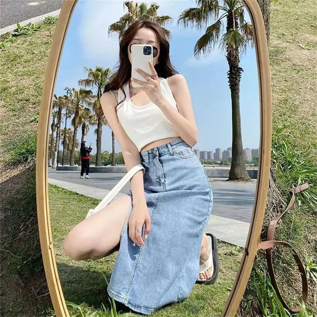 Women Blue Denim Skirts High Waist Split One Step Skirt Woman Korean Streetwear Pencil Skirts