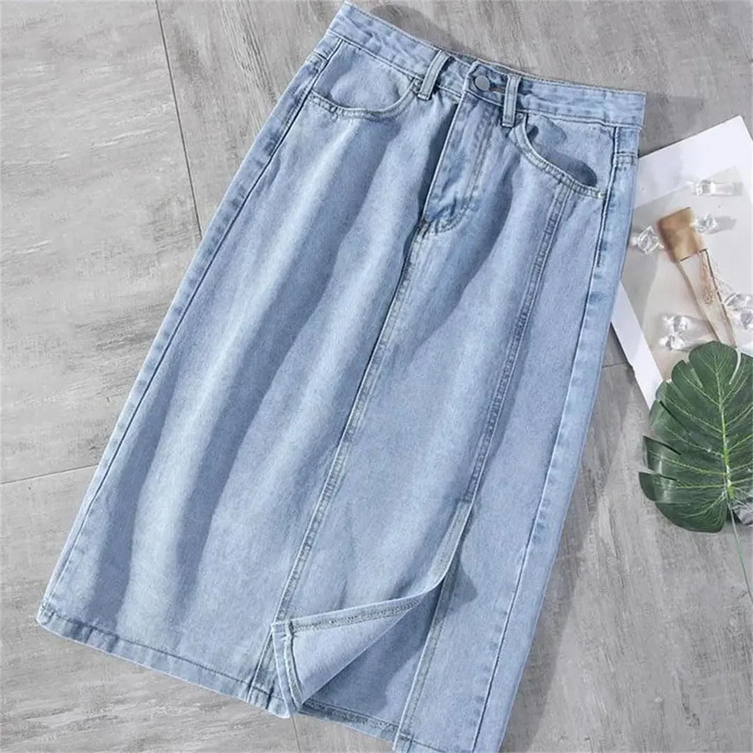 Women Blue Denim Skirts High Waist Split One Step Skirt Woman Korean Streetwear Pencil Skirts