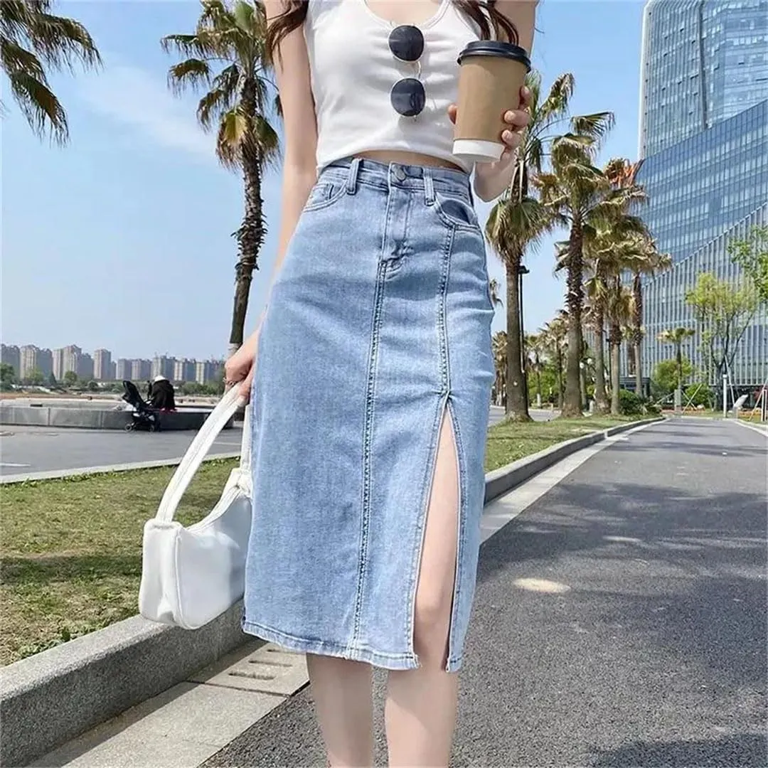 Women Blue Denim Skirts High Waist Split One Step Skirt Woman Korean Streetwear Pencil Skirts