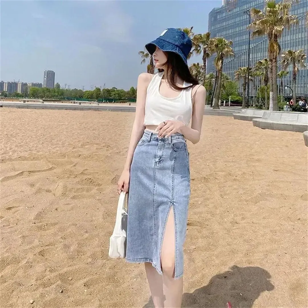 Women Blue Denim Skirts High Waist Split One Step Skirt Woman Korean Streetwear Pencil Skirts