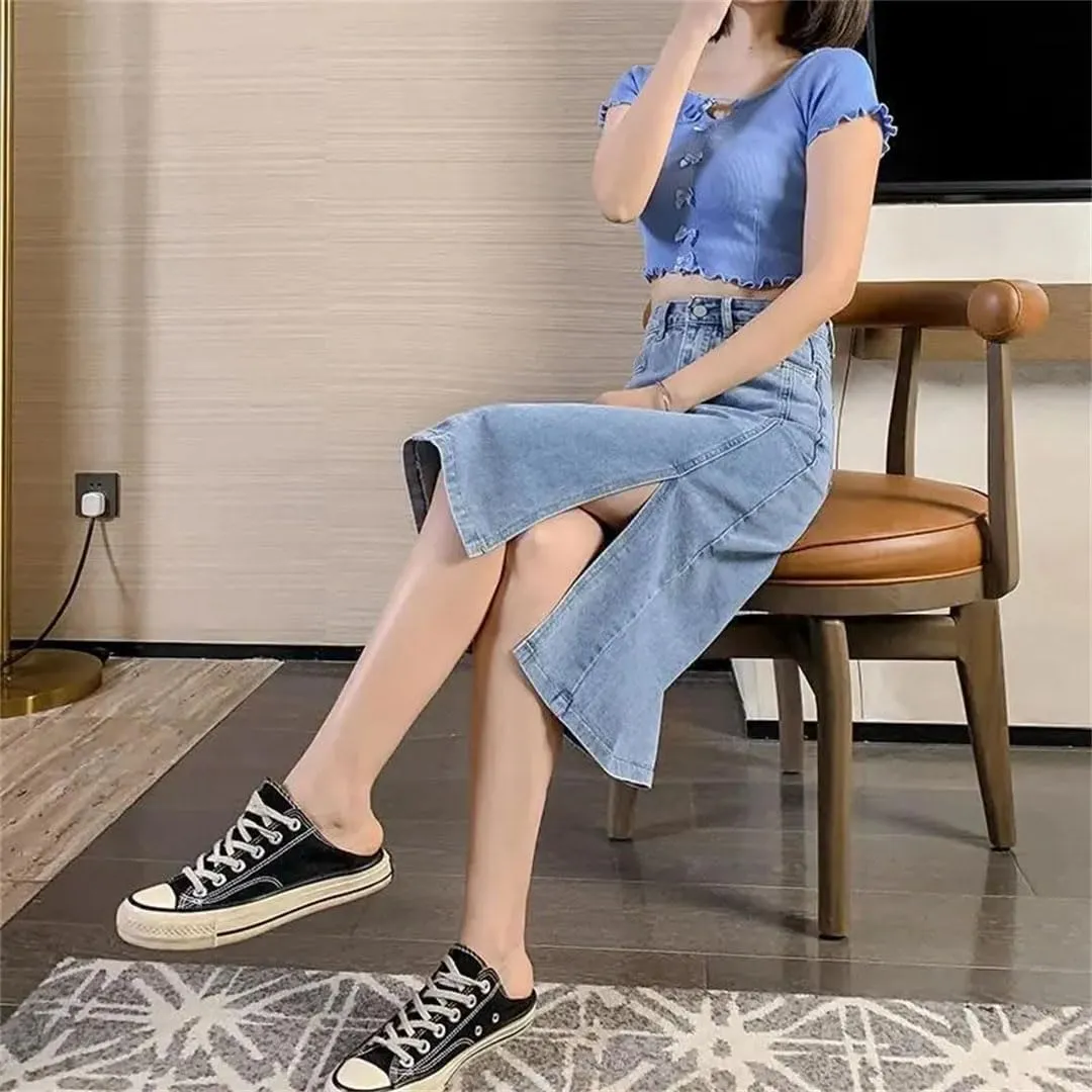 Women Blue Denim Skirts High Waist Split One Step Skirt Woman Korean Streetwear Pencil Skirts