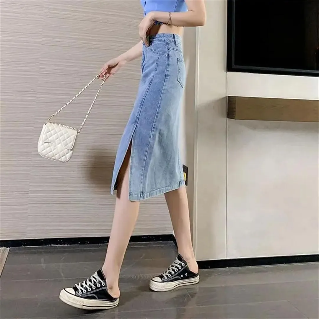 Women Blue Denim Skirts High Waist Split One Step Skirt Woman Korean Streetwear Pencil Skirts