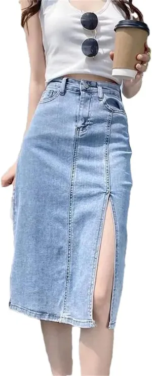 Women Blue Denim Skirts High Waist Split One Step Skirt Woman Korean Streetwear Pencil Skirts