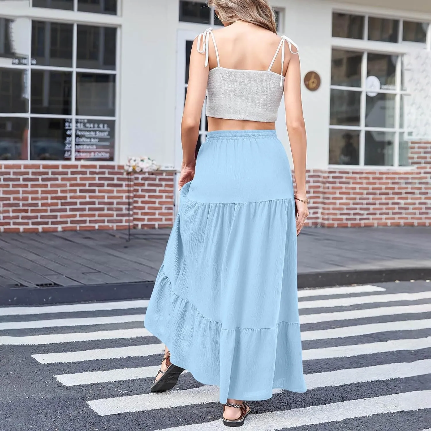 Women Boho Maxi Skirt Set Off Shoulder Ruffle Trim Ruched Crop Top and Flowy Slit Long Skirts 2 Piece Outfits Beach Wear