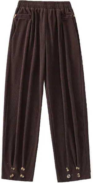 Women Corduroy Pants Casual Vintage Elastic High Waist Straight Leg Pockets Trousers Fashion Button Trim Pleated Pants