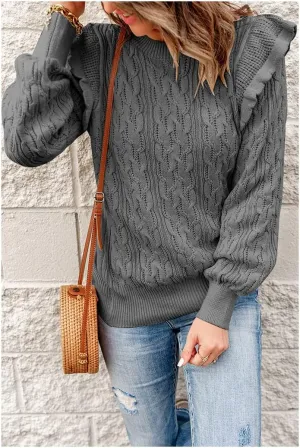 Women Crewneck Ruffle Shoulder Sweater Cable Knit Solid Loose Ribbed Hem Pullover Jumper Top