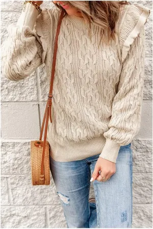 Women Crewneck Ruffle Shoulder Sweater Cable Knit Solid Loose Ribbed Hem Pullover Jumper Top