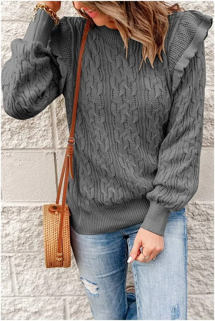 Women Crewneck Ruffle Shoulder Sweater Cable Knit Solid Loose Ribbed Hem Pullover Jumper Top