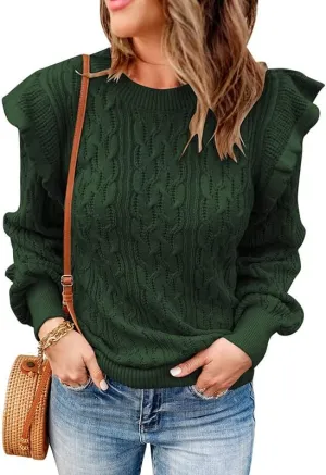 Women Crewneck Ruffle Shoulder Sweater Cable Knit Solid Loose Ribbed Hem Pullover Jumper Top