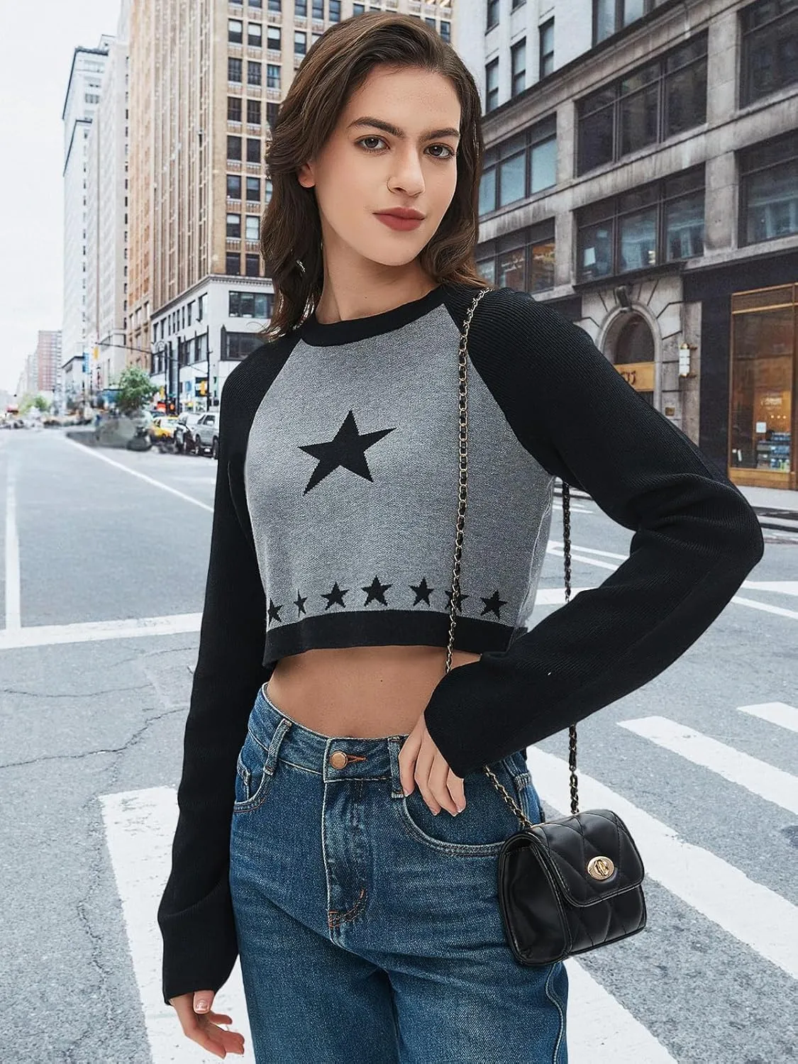 Women Cropped Sweater Long Sleeve Crewneck Knit Pullover Star Sweaters Trendy Winter Cute Casual Tops