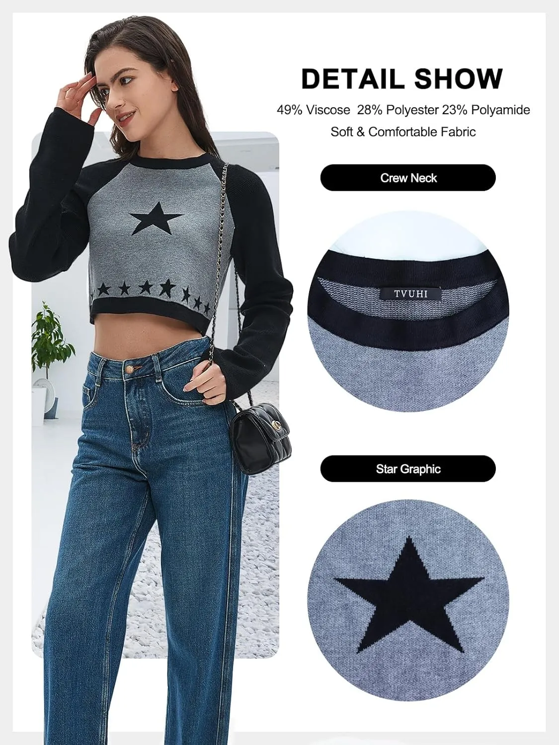 Women Cropped Sweater Long Sleeve Crewneck Knit Pullover Star Sweaters Trendy Winter Cute Casual Tops