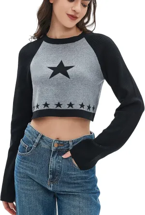 Women Cropped Sweater Long Sleeve Crewneck Knit Pullover Star Sweaters Trendy Winter Cute Casual Tops