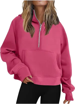 Women Cropped Sweatshirt Fashion Hoodies Casual Long Sleeve Half Zip Fleece Pullover Loose Workout Jackets with Pockets