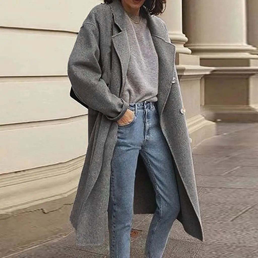 Women Elegant Wool Pea Coat Double Breasted Oversized Mid-Long Winter Overcoats Casual Notched Collar Trench Coat