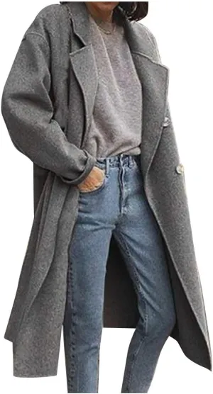 Women Elegant Wool Pea Coat Double Breasted Oversized Mid-Long Winter Overcoats Casual Notched Collar Trench Coat