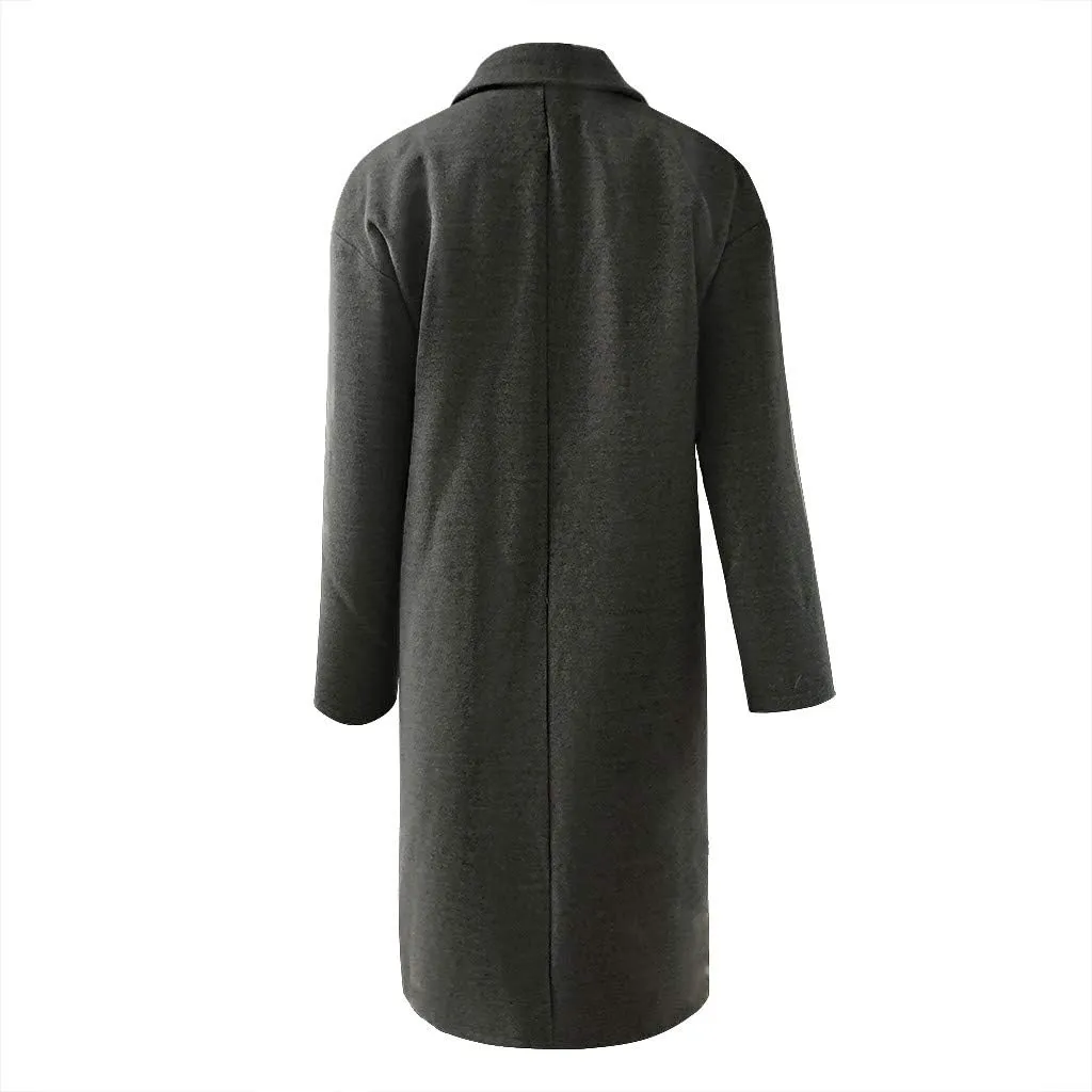 Women Elegant Wool Pea Coat Double Breasted Oversized Mid-Long Winter Overcoats Casual Notched Collar Trench Coat