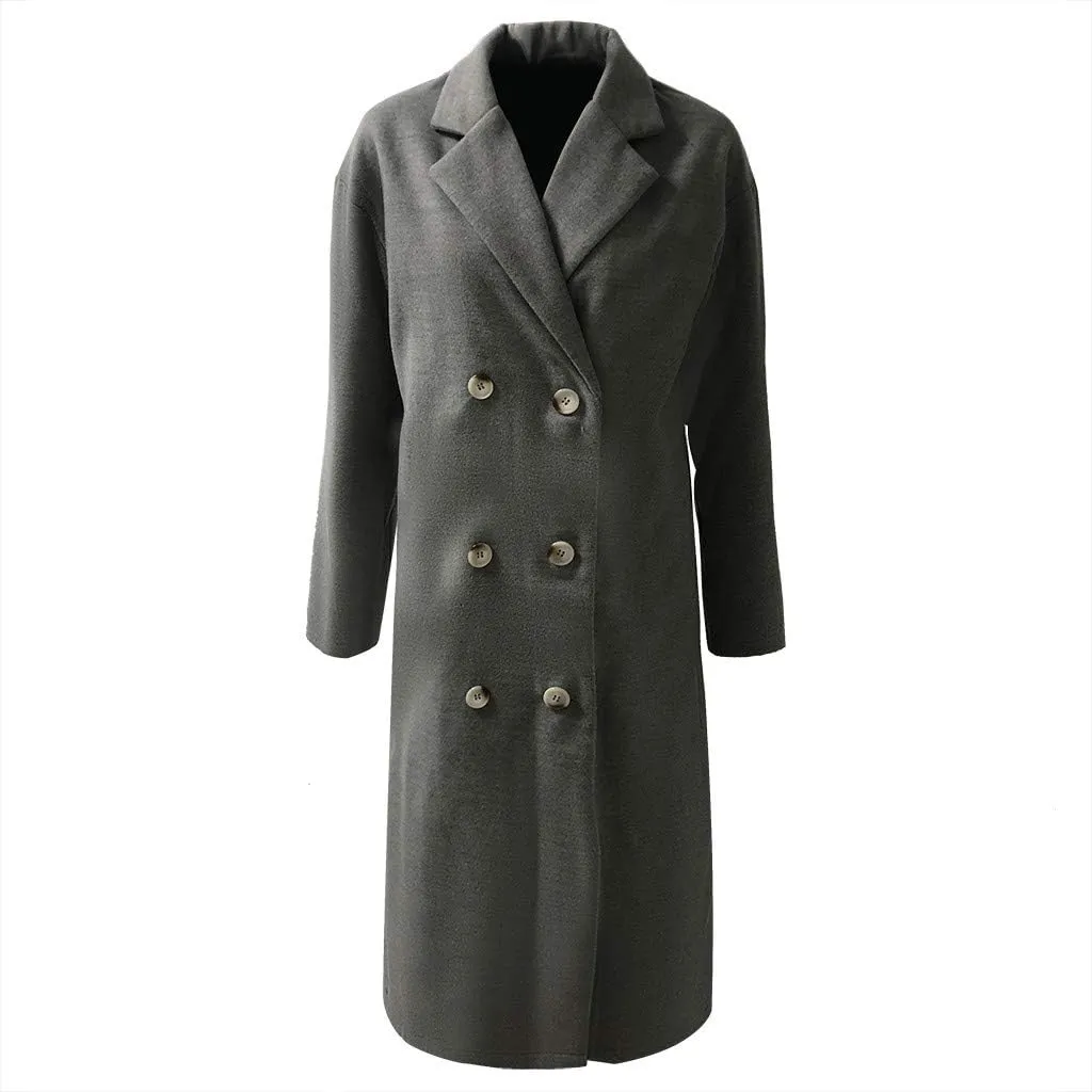 Women Elegant Wool Pea Coat Double Breasted Oversized Mid-Long Winter Overcoats Casual Notched Collar Trench Coat