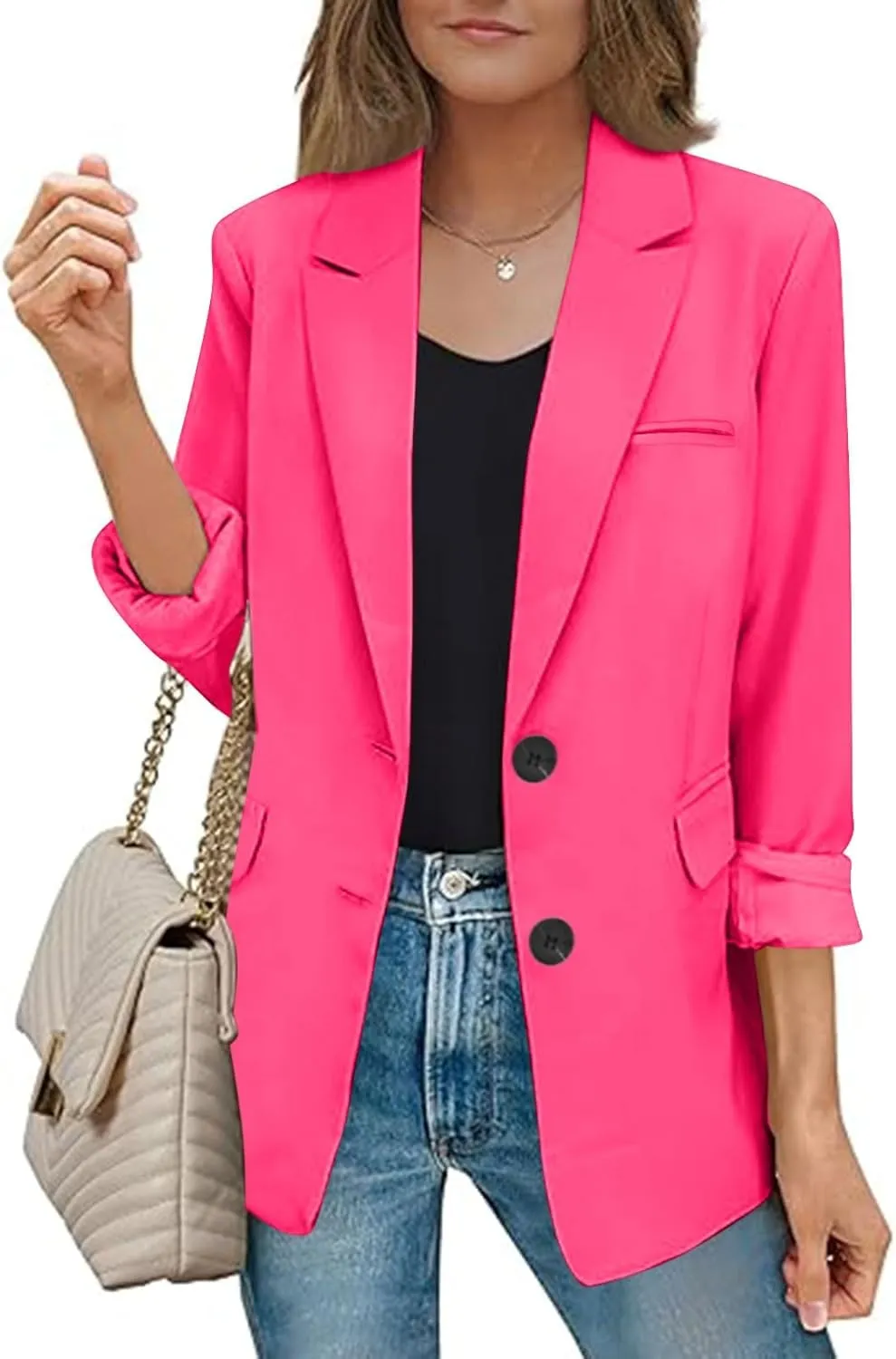 Women Fall Blazers Business Casual Suit Jackets with Pockets Notched Lapel Button Open Front Long Sleeve Work Blazer