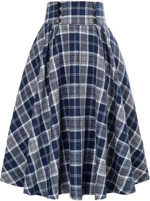 Women Fashion Casual Plaid Skirt Vintage A Line Skirts Vintage Athletic Skirt Plaid High Waist Plus Size Midi Pleated Skirt