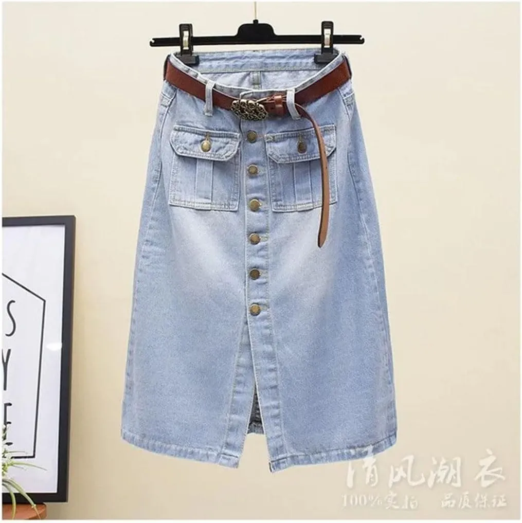 Women Front Split Denim Sheath Female Single-Breasted Midi Ladies High Waist Pencil Skirts