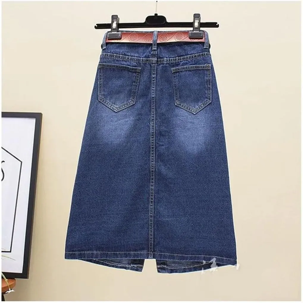 Women Front Split Denim Sheath Female Single-Breasted Midi Ladies High Waist Pencil Skirts