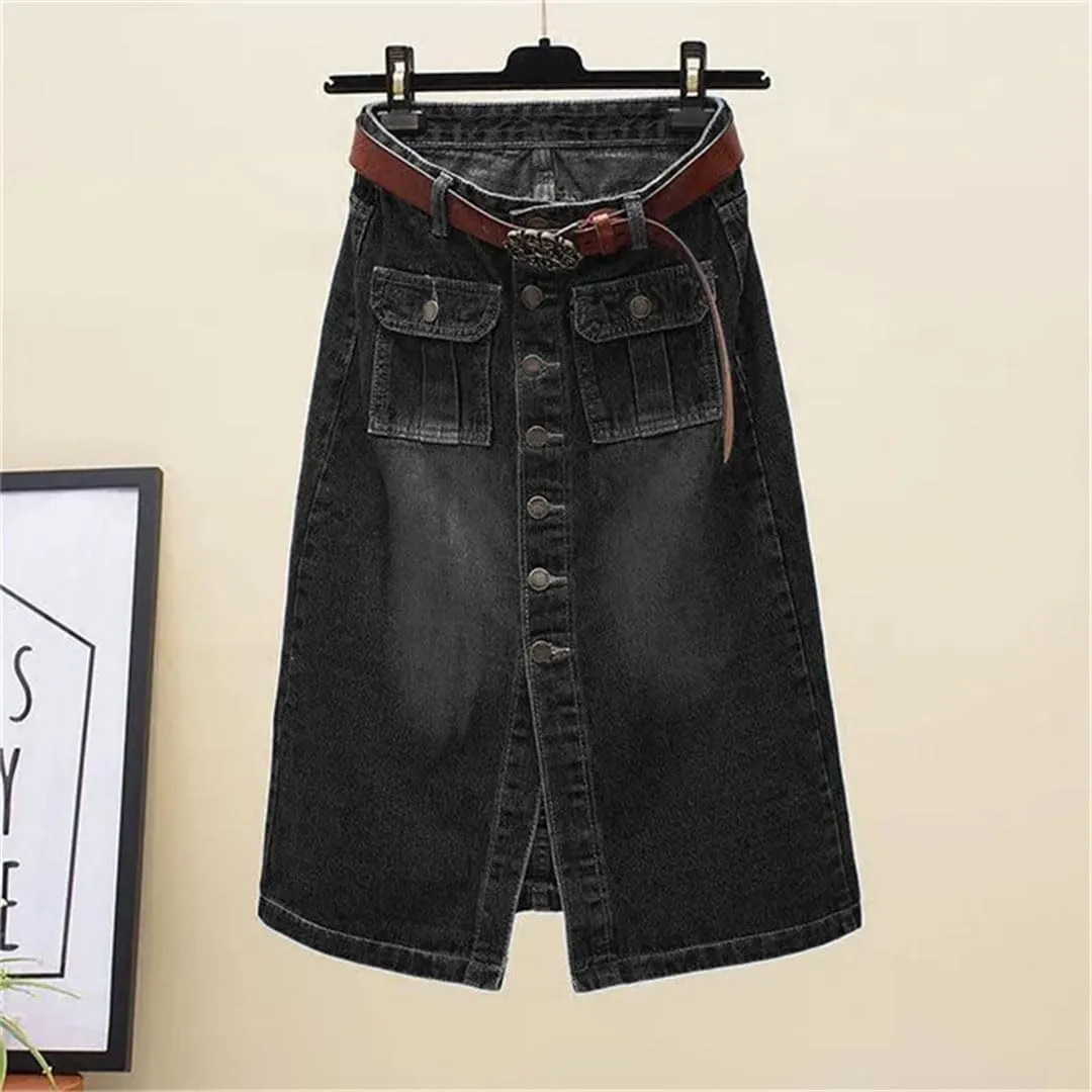 Women Front Split Denim Sheath Female Single-Breasted Midi Ladies High Waist Pencil Skirts