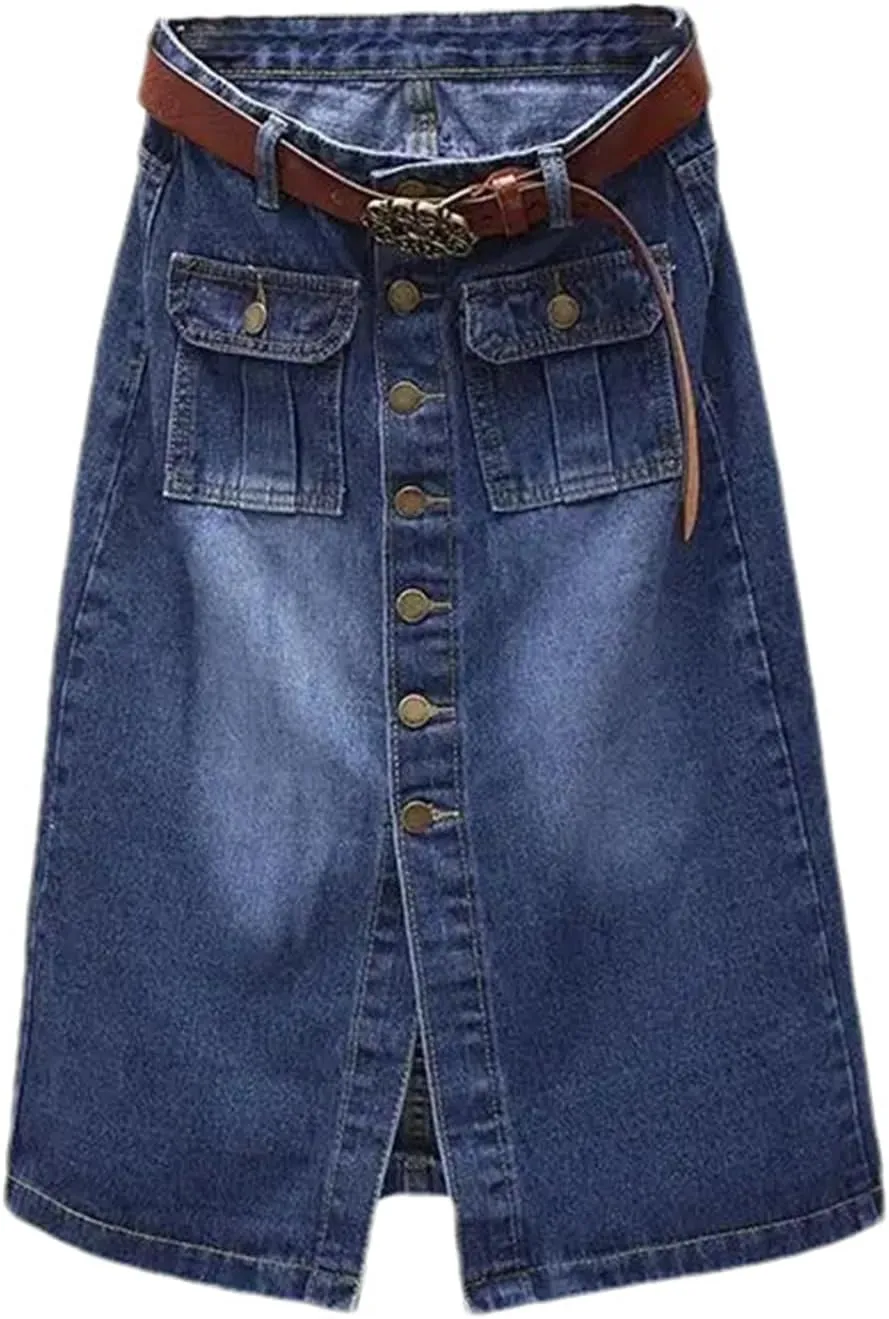 Women Front Split Denim Sheath Skirts Female Single-Breasted High Waist Midi Jeans Pencil Skirts