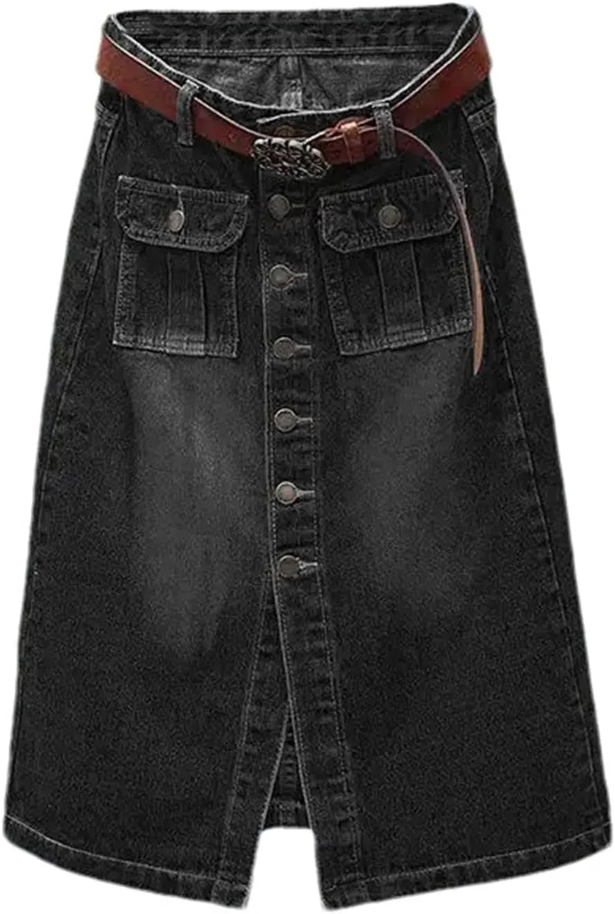 Women Front Split Denim Sheath Skirts Female Single-Breasted High Waist Midi Jeans Pencil Skirts