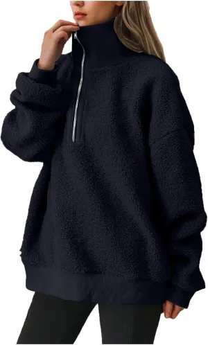 Women Fuzzy Sweatshirt Fleece Quarter Zip Pullover Oversized Winter Tops Sherpa Lined Outwear Casual Warm Sweater