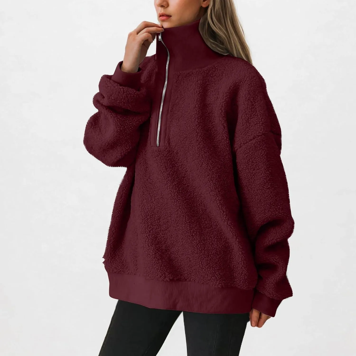 Women Fuzzy Sweatshirt Fleece Quarter Zip Pullover Oversized Winter Tops Sherpa Lined Outwear Casual Warm Sweater