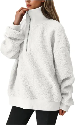 Women Fuzzy Sweatshirt Fleece Quarter Zip Pullover Oversized Winter Tops Sherpa Lined Outwear Casual Warm Sweater