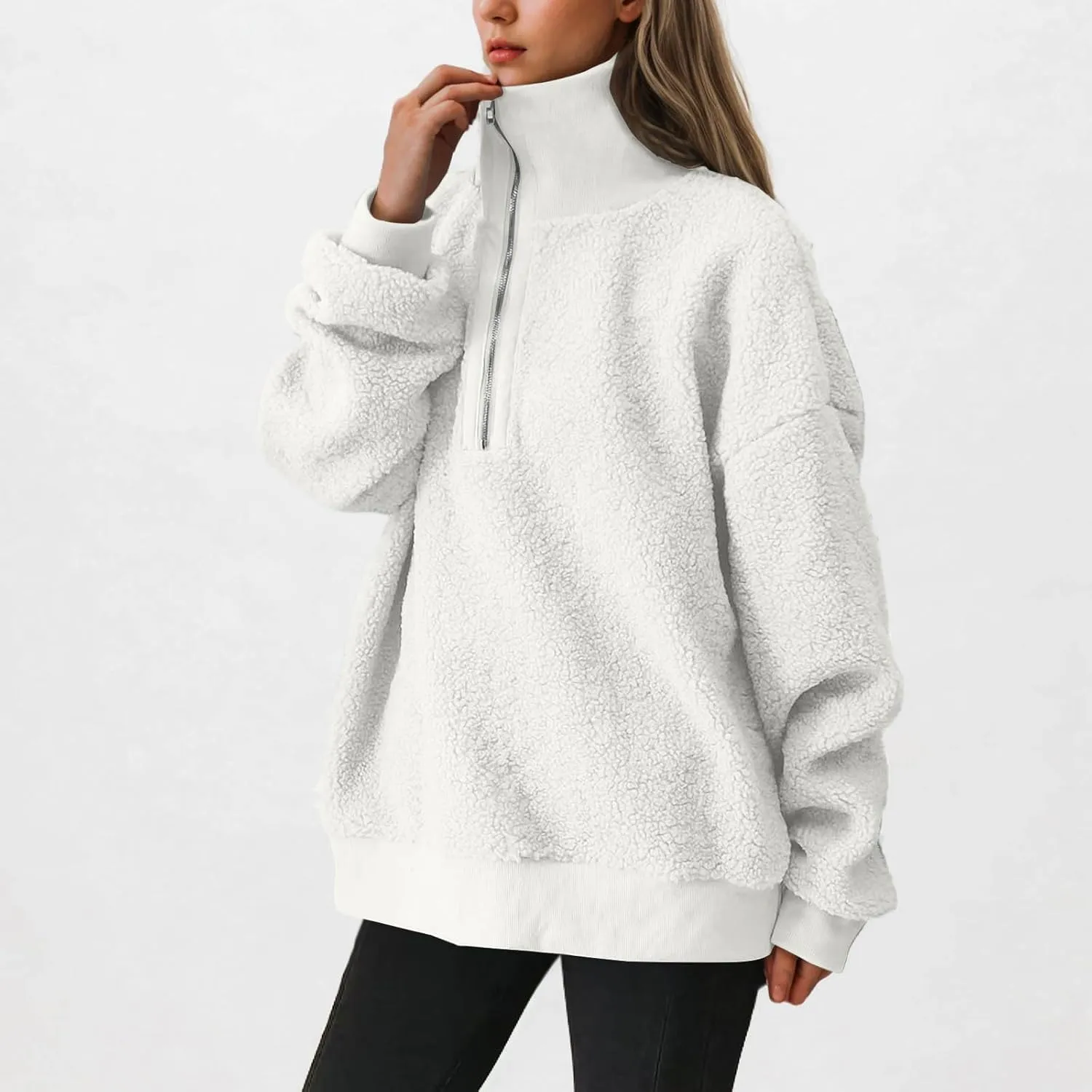 Women Fuzzy Sweatshirt Fleece Quarter Zip Pullover Oversized Winter Tops Sherpa Lined Outwear Casual Warm Sweater
