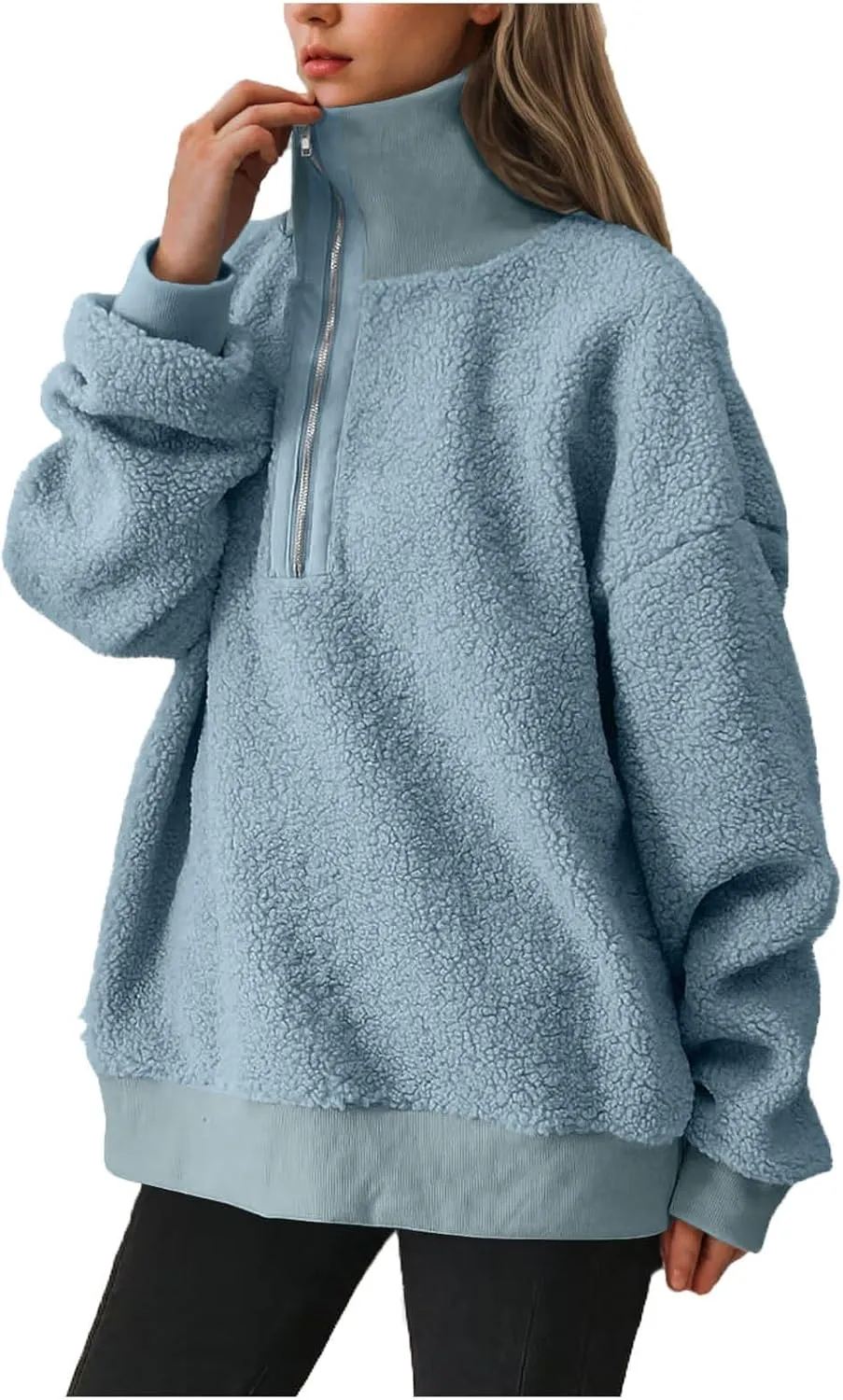Women Fuzzy Sweatshirt Fleece Quarter Zip Pullover Oversized Winter Tops Sherpa Lined Outwear Casual Warm Sweater