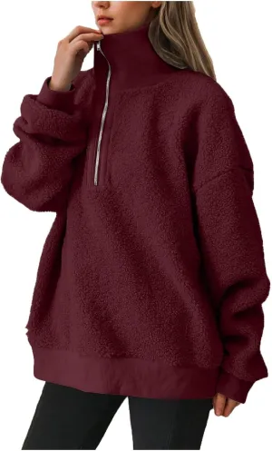 Women Fuzzy Sweatshirt Fleece Quarter Zip Pullover Oversized Winter Tops Sherpa Lined Outwear Casual Warm Sweater