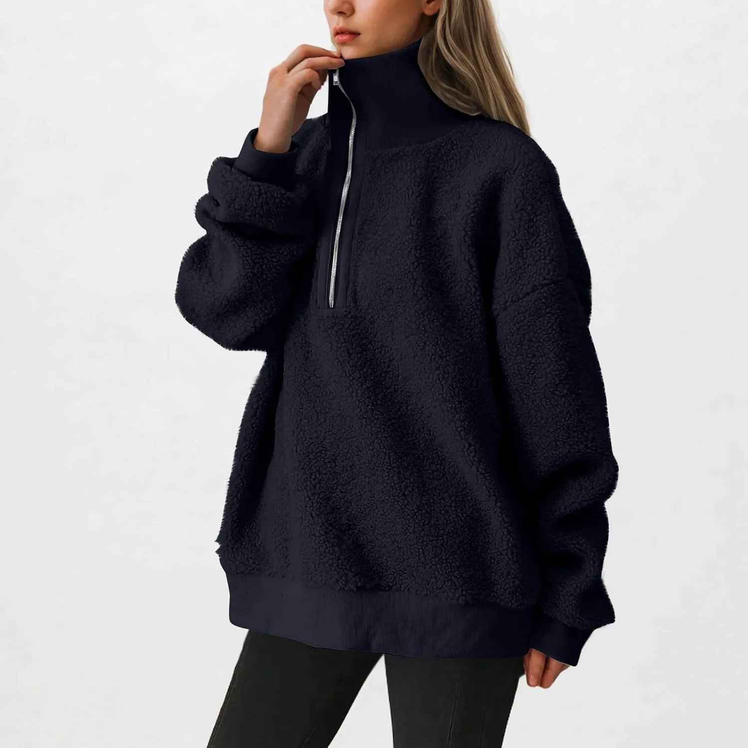 Women Fuzzy Sweatshirt Fleece Quarter Zip Pullover Oversized Winter Tops Sherpa Lined Outwear Casual Warm Sweater