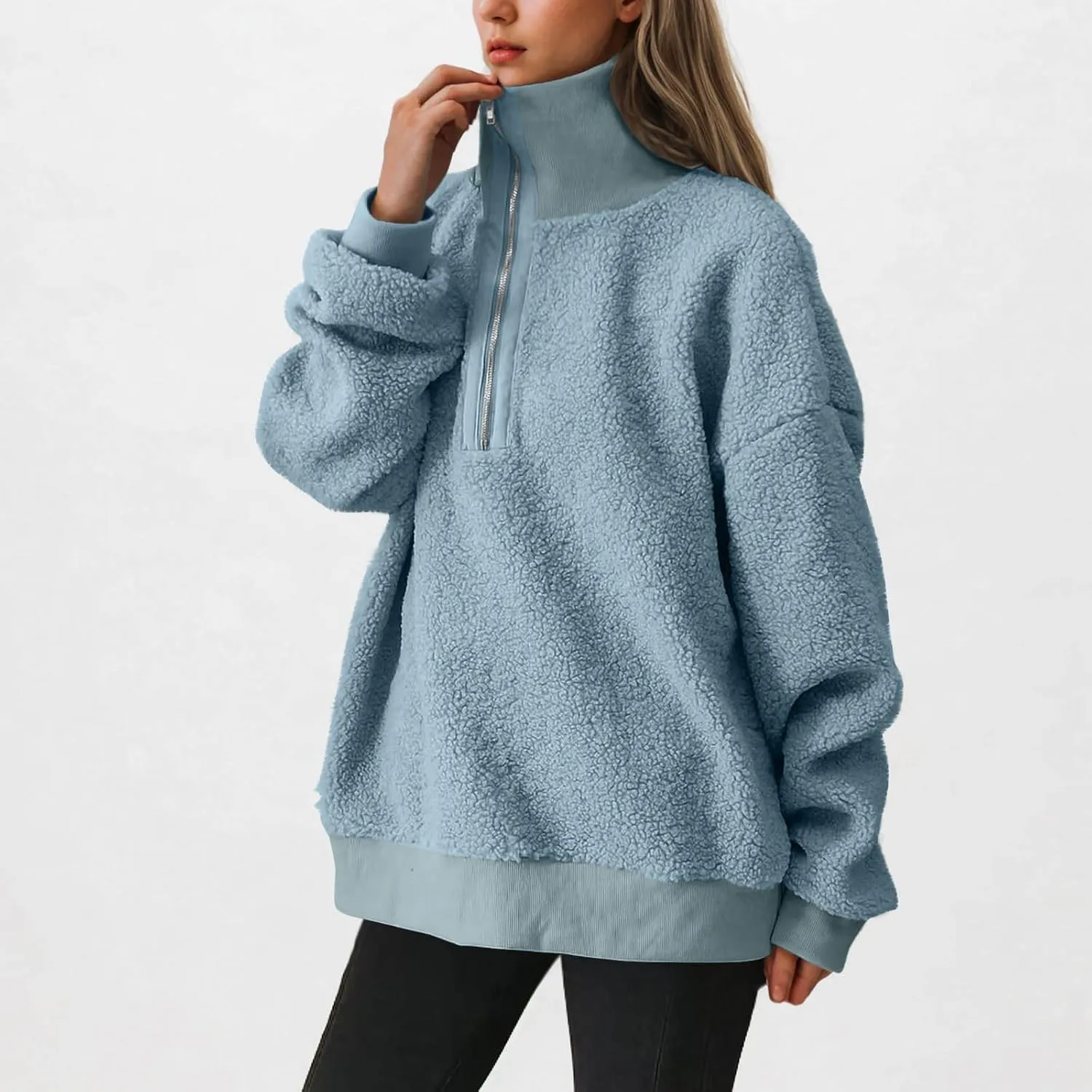 Women Fuzzy Sweatshirt Fleece Quarter Zip Pullover Oversized Winter Tops Sherpa Lined Outwear Casual Warm Sweater