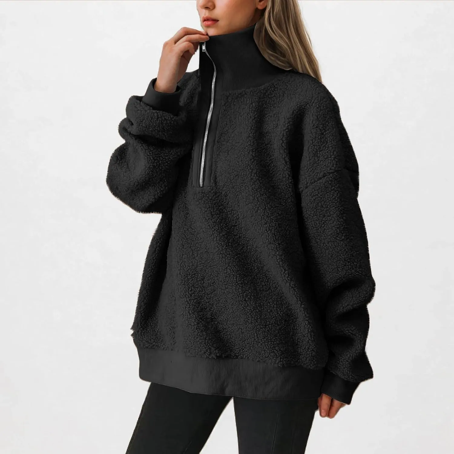 Women Fuzzy Sweatshirt Fleece Quarter Zip Pullover Oversized Winter Tops Sherpa Lined Outwear Casual Warm Sweater