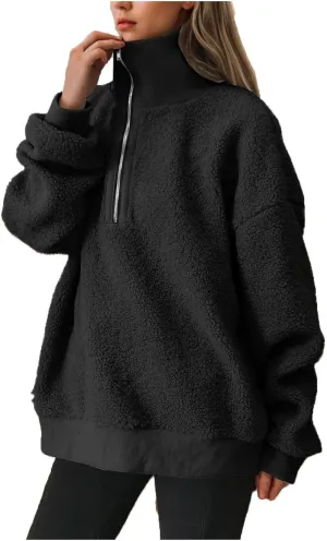 Women Fuzzy Sweatshirt Fleece Quarter Zip Pullover Oversized Winter Tops Sherpa Lined Outwear Casual Warm Sweater