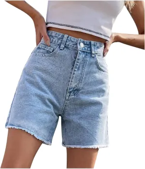 Women High Waisted Jean Shorts Baggy Casual Trendy Denim Shorts Button Waistband Joggers Athletic Cut Off Shorts with Raw Edge Rough Selvedge Slim Fit Teen Girls Shorts