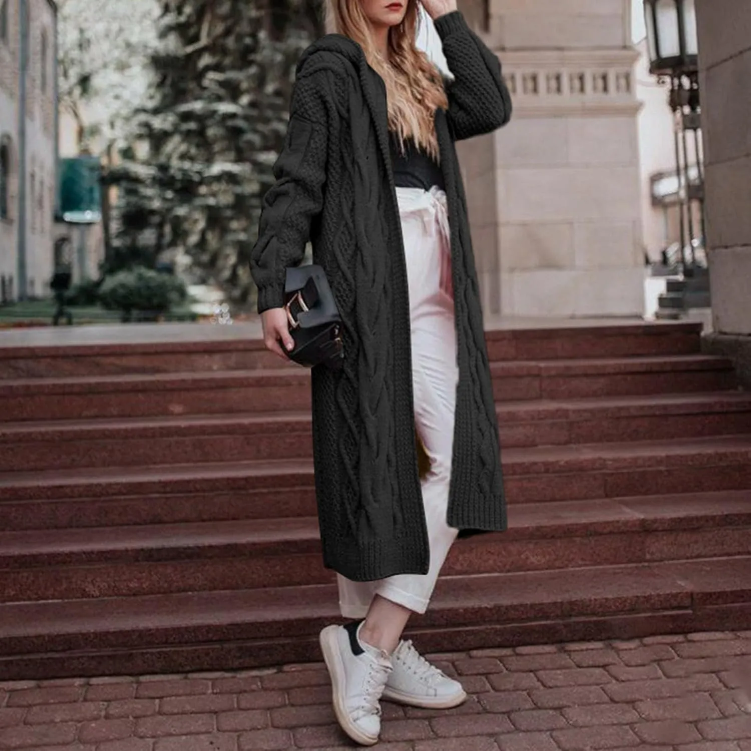 Women Hooded Open Front Cardigan Cable Knit Sweaters Oversized Solid Color Chunky Long Sweater Casual Coats