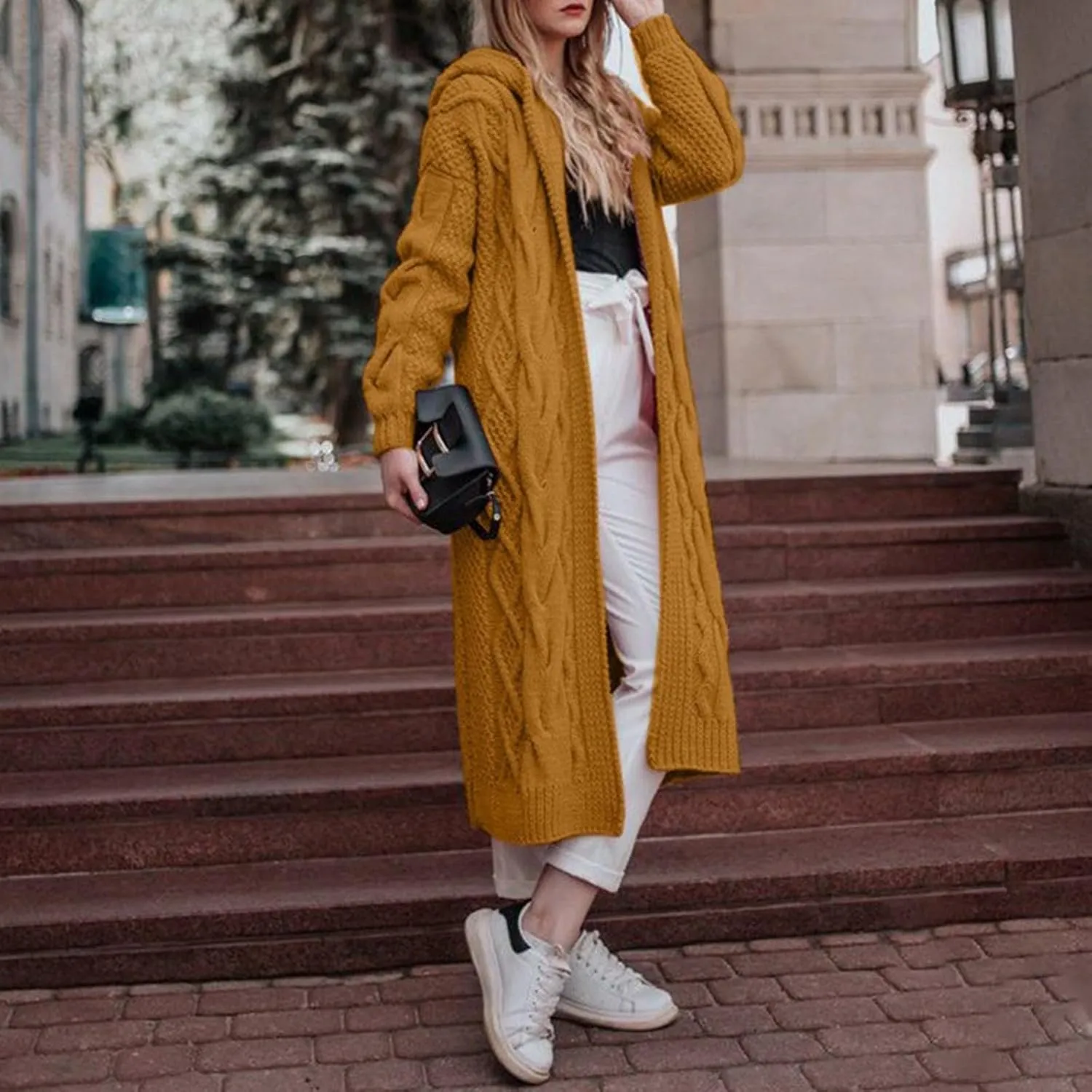 Women Hooded Open Front Cardigan Cable Knit Sweaters Oversized Solid Color Chunky Long Sweater Casual Coats
