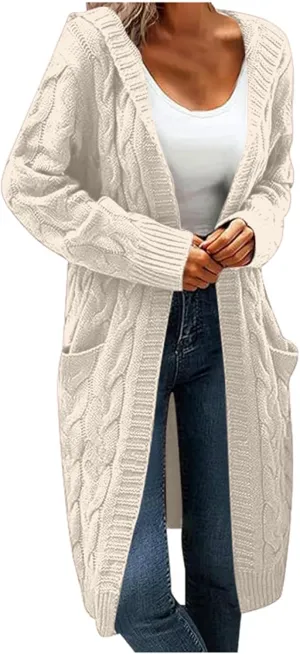 Women Hooded Open Front Cardigan Cable Knit Sweaters Oversized Solid Color Chunky Long Sweater Casual Coats