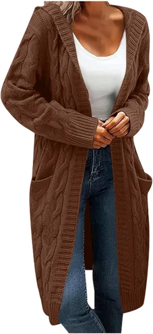Women Hooded Open Front Cardigan Cable Knit Sweaters Oversized Solid Color Chunky Long Sweater Casual Coats