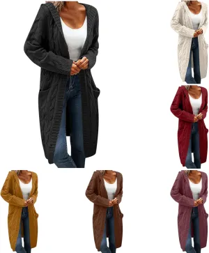 Women Hooded Open Front Cardigan Cable Knit Sweaters Oversized Solid Color Chunky Long Sweater Casual Coats