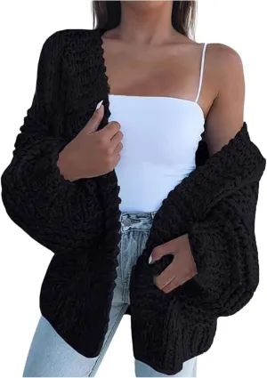 Women Hooded Open Front Cardigan Cable Knit Sweaters Oversized Solid Color Chunky Long Sweater Casual Coats